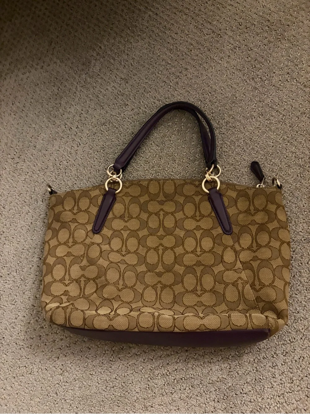 Coach Brown Signature Canvas Shoulder Bag with Dark Purple Handles